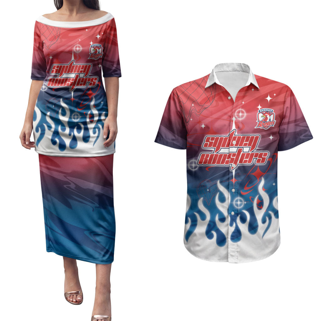 Personalized Sydney Roosters Couples Matching Puletasi and Hawaiian Shirt Y2K Grunge Aesthetic With Cyber Flames and Starburst Graphics