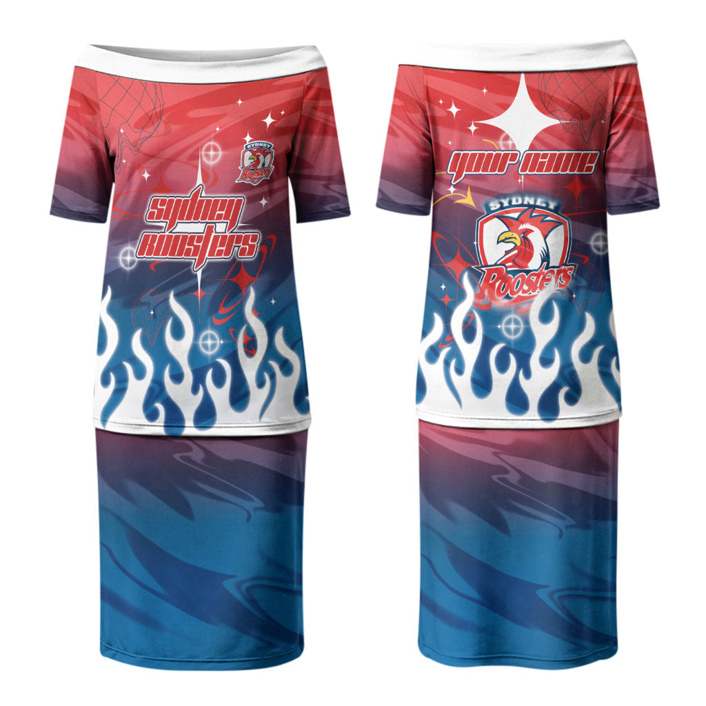 Personalized Sydney Roosters Couples Matching Puletasi and Hawaiian Shirt Y2K Grunge Aesthetic With Cyber Flames and Starburst Graphics