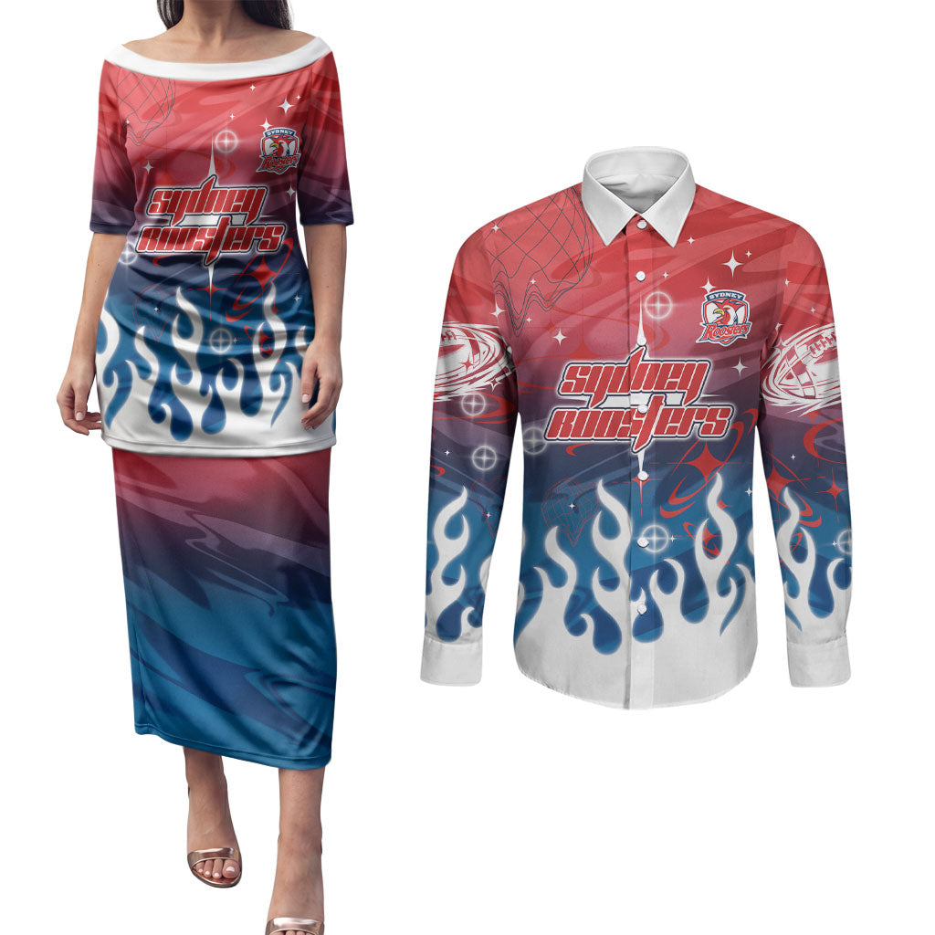 Personalized Sydney Roosters Couples Matching Puletasi and Long Sleeve Button Shirt Y2K Grunge Aesthetic With Cyber Flames and Starburst Graphics