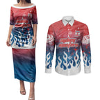 Personalized Sydney Roosters Couples Matching Puletasi and Long Sleeve Button Shirt Y2K Grunge Aesthetic With Cyber Flames and Starburst Graphics
