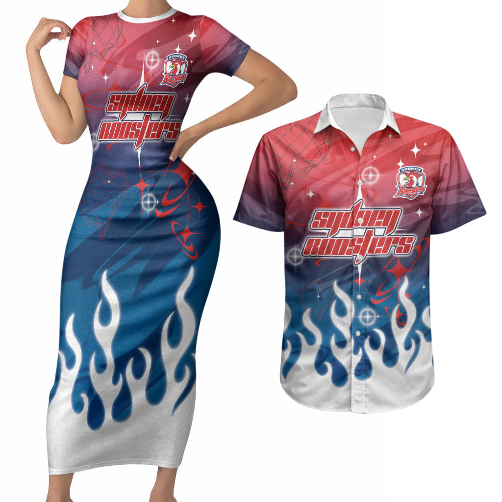 Personalized Sydney Roosters Couples Matching Short Sleeve Bodycon Dress and Hawaiian Shirt Y2K Grunge Aesthetic With Cyber Flames and Starburst Graphics