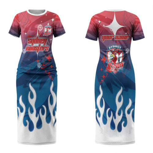 Personalized Sydney Roosters Couples Matching Short Sleeve Bodycon Dress and Hawaiian Shirt Y2K Grunge Aesthetic With Cyber Flames and Starburst Graphics