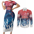 Personalized Sydney Roosters Couples Matching Short Sleeve Bodycon Dress and Long Sleeve Button Shirt Y2K Grunge Aesthetic With Cyber Flames and Starburst Graphics
