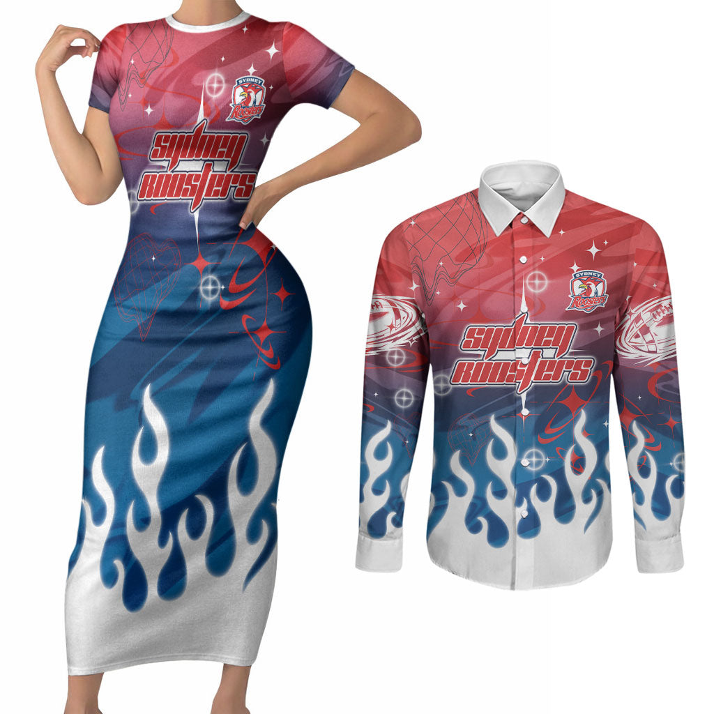 Personalized Sydney Roosters Couples Matching Short Sleeve Bodycon Dress and Long Sleeve Button Shirt Y2K Grunge Aesthetic With Cyber Flames and Starburst Graphics