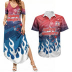 Personalized Sydney Roosters Couples Matching Summer Maxi Dress and Hawaiian Shirt Y2K Grunge Aesthetic With Cyber Flames and Starburst Graphics