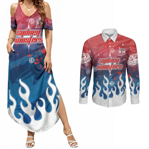 Personalized Sydney Roosters Couples Matching Summer Maxi Dress and Long Sleeve Button Shirt Y2K Grunge Aesthetic With Cyber Flames and Starburst Graphics