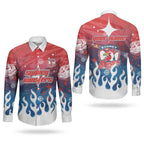 Personalized Sydney Roosters Couples Matching Summer Maxi Dress and Long Sleeve Button Shirt Y2K Grunge Aesthetic With Cyber Flames and Starburst Graphics
