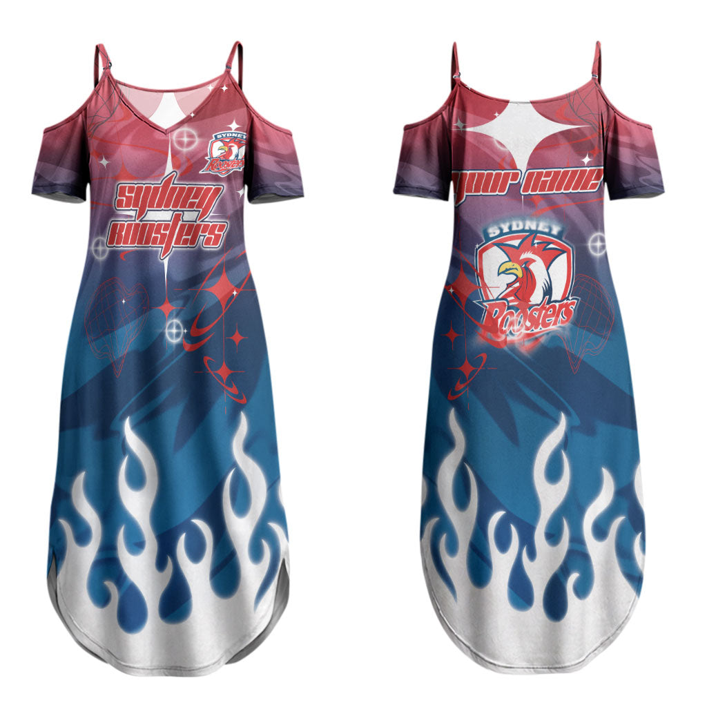 Personalized Sydney Roosters Couples Matching Summer Maxi Dress and Long Sleeve Button Shirt Y2K Grunge Aesthetic With Cyber Flames and Starburst Graphics