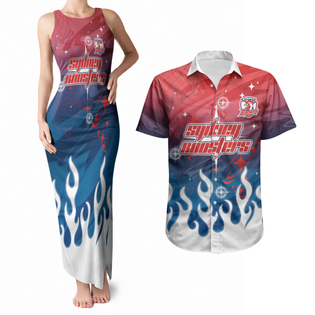 Personalized Sydney Roosters Couples Matching Tank Maxi Dress and Hawaiian Shirt Y2K Grunge Aesthetic With Cyber Flames and Starburst Graphics
