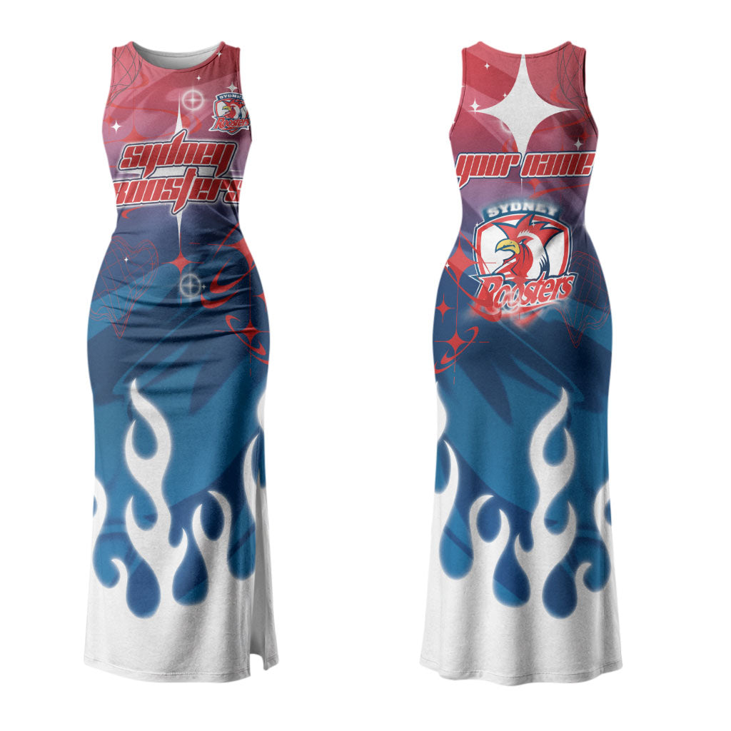 Personalized Sydney Roosters Couples Matching Tank Maxi Dress and Hawaiian Shirt Y2K Grunge Aesthetic With Cyber Flames and Starburst Graphics