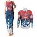 Personalized Sydney Roosters Couples Matching Tank Maxi Dress and Long Sleeve Button Shirt Y2K Grunge Aesthetic With Cyber Flames and Starburst Graphics