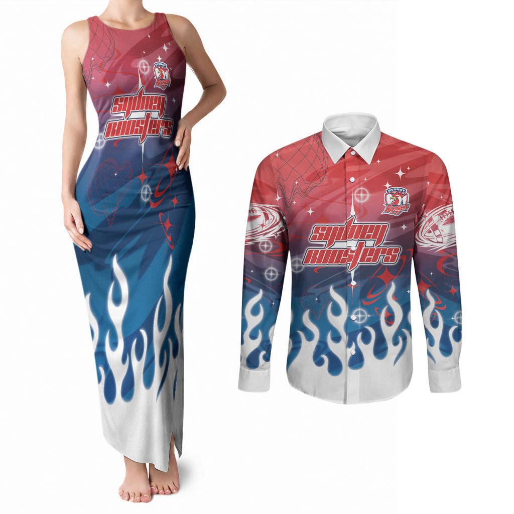 Personalized Sydney Roosters Couples Matching Tank Maxi Dress and Long Sleeve Button Shirt Y2K Grunge Aesthetic With Cyber Flames and Starburst Graphics