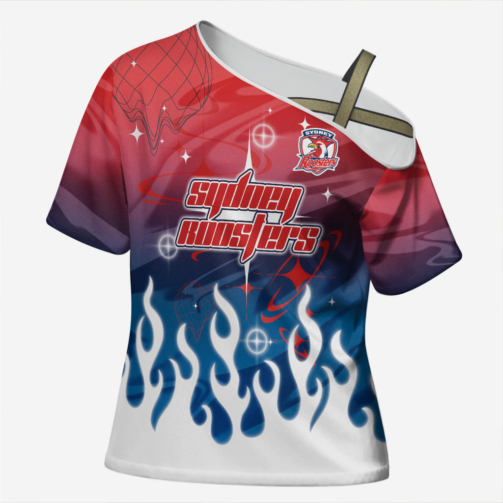 Personalized Sydney Roosters Cross Shoulder Shirt Y2K Grunge Aesthetic With Cyber Flames and Starburst Graphics