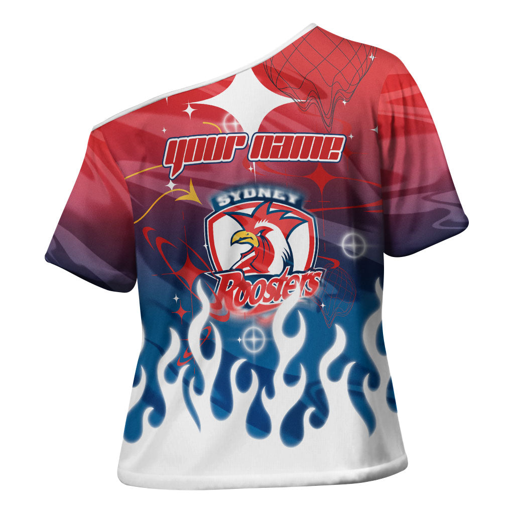 Personalized Sydney Roosters Cross Shoulder Shirt Y2K Grunge Aesthetic With Cyber Flames and Starburst Graphics