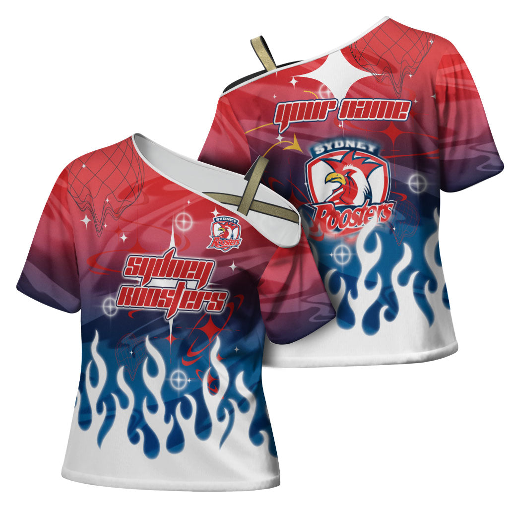 Personalized Sydney Roosters Cross Shoulder Shirt Y2K Grunge Aesthetic With Cyber Flames and Starburst Graphics