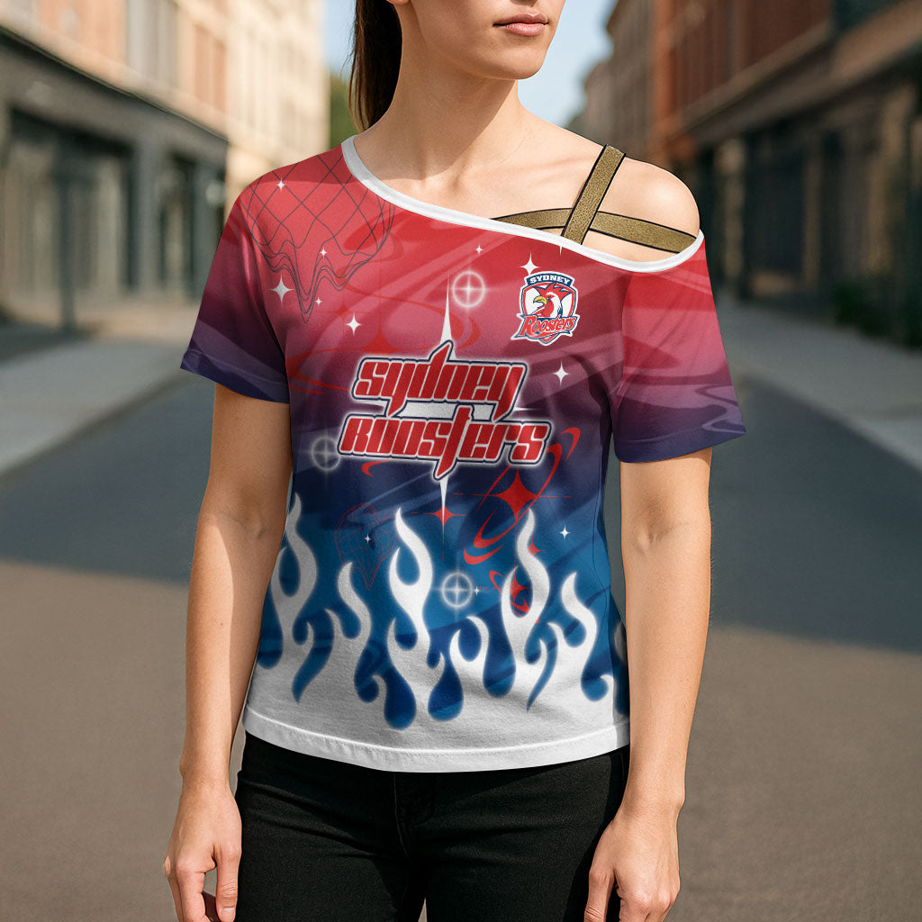 Personalized Sydney Roosters Cross Shoulder Shirt Y2K Grunge Aesthetic With Cyber Flames and Starburst Graphics