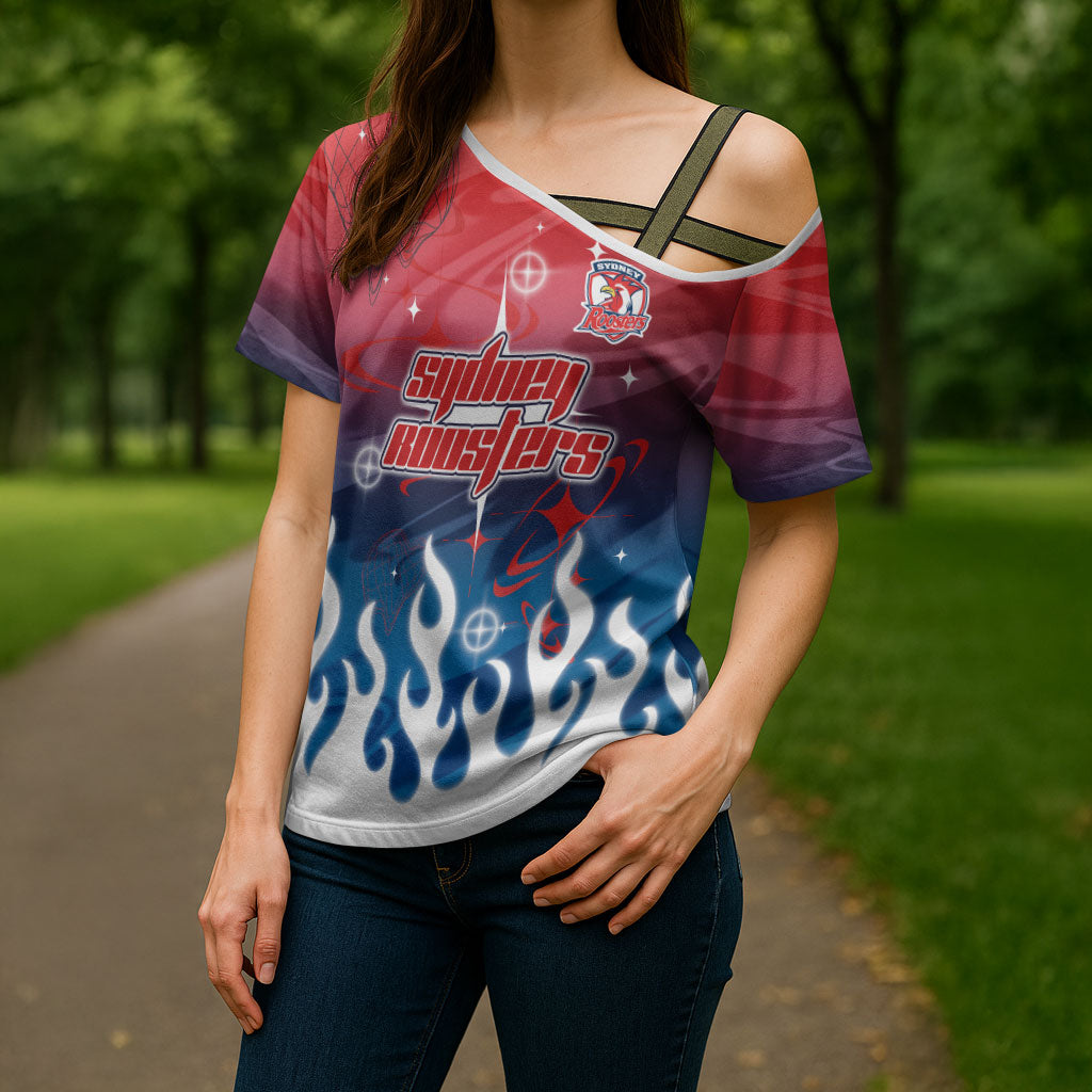 Personalized Sydney Roosters Cross Shoulder Shirt Y2K Grunge Aesthetic With Cyber Flames and Starburst Graphics