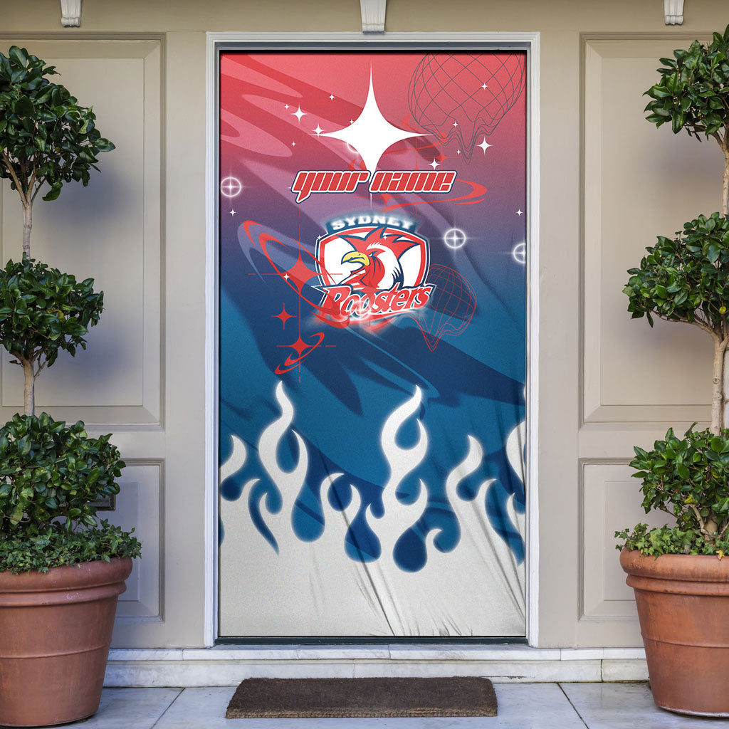 Personalized Sydney Roosters Door Cover Y2K Grunge Aesthetic With Cyber Flames and Starburst Graphics