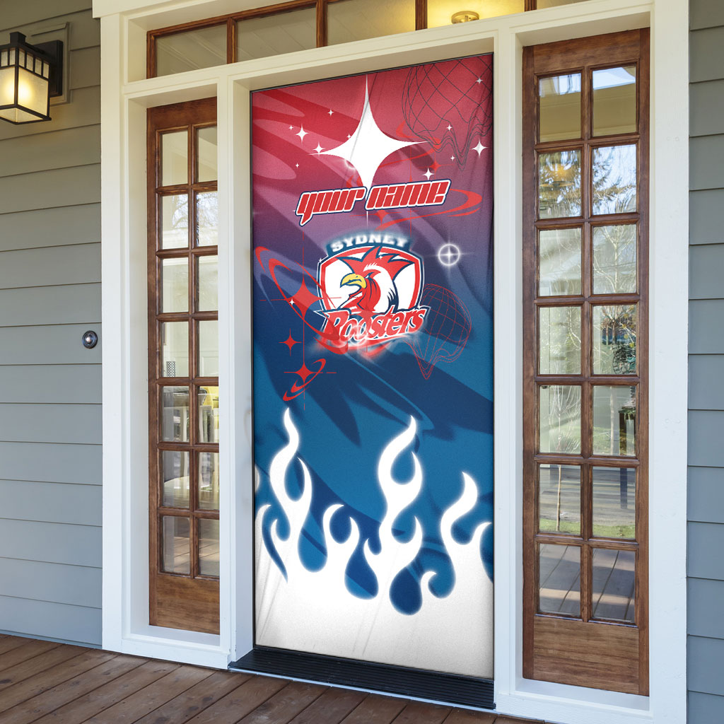 Personalized Sydney Roosters Door Cover Y2K Grunge Aesthetic With Cyber Flames and Starburst Graphics