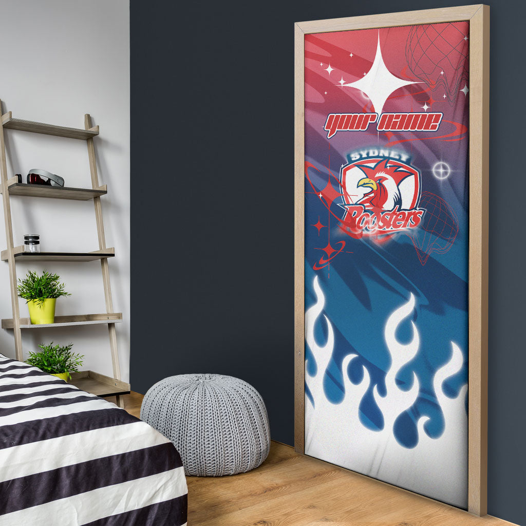 Personalized Sydney Roosters Door Cover Y2K Grunge Aesthetic With Cyber Flames and Starburst Graphics