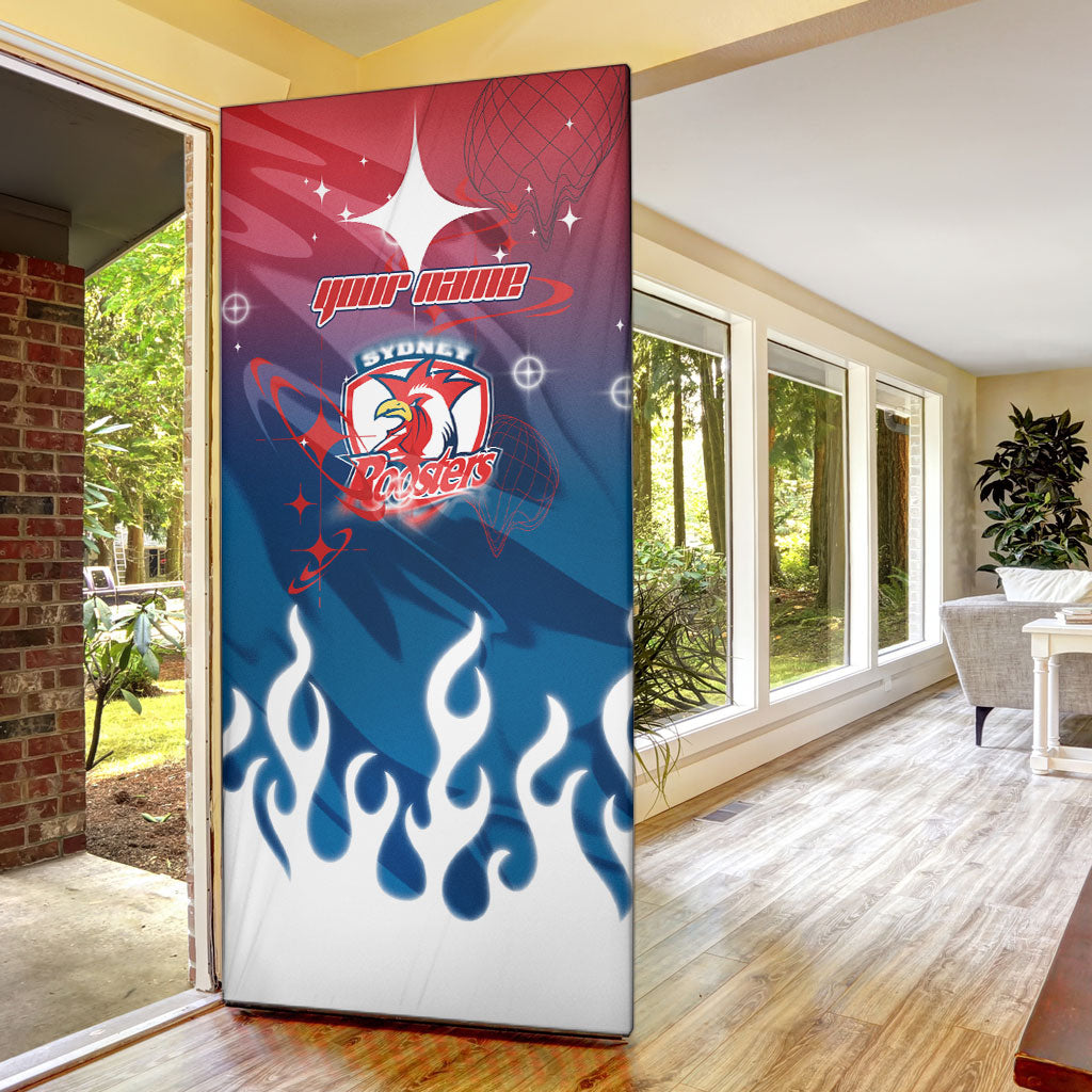 Personalized Sydney Roosters Door Cover Y2K Grunge Aesthetic With Cyber Flames and Starburst Graphics