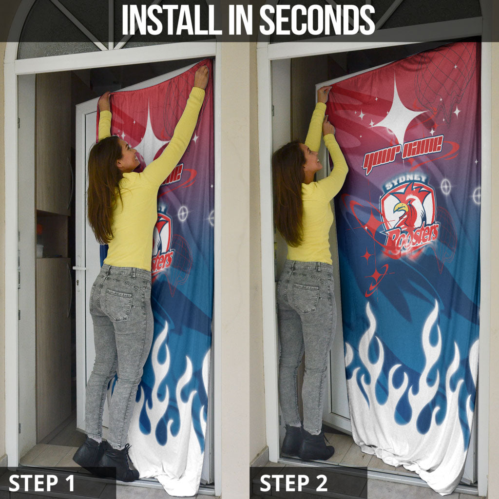 Personalized Sydney Roosters Door Cover Y2K Grunge Aesthetic With Cyber Flames and Starburst Graphics