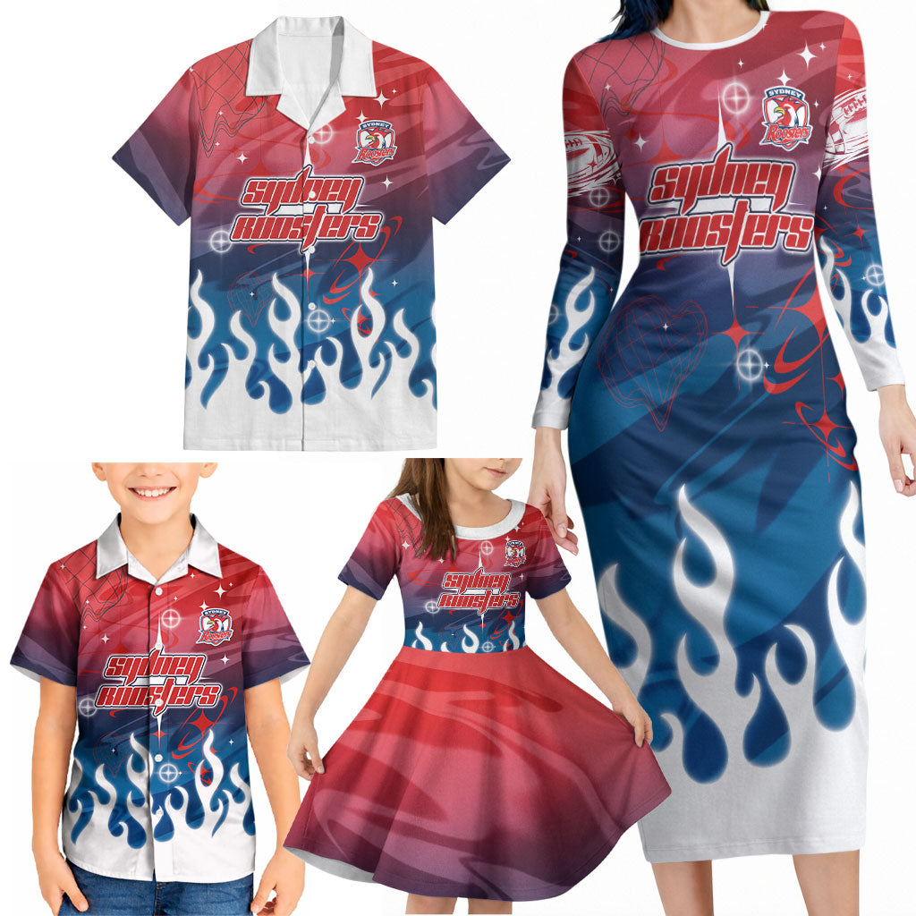 Personalized Sydney Roosters Family Matching Long Sleeve Bodycon Dress and Hawaiian Shirt Y2K Grunge Aesthetic With Cyber Flames and Starburst Graphics