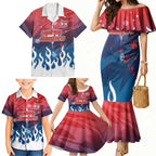 Personalized Sydney Roosters Family Matching Mermaid Dress and Hawaiian Shirt Y2K Grunge Aesthetic With Cyber Flames and Starburst Graphics
