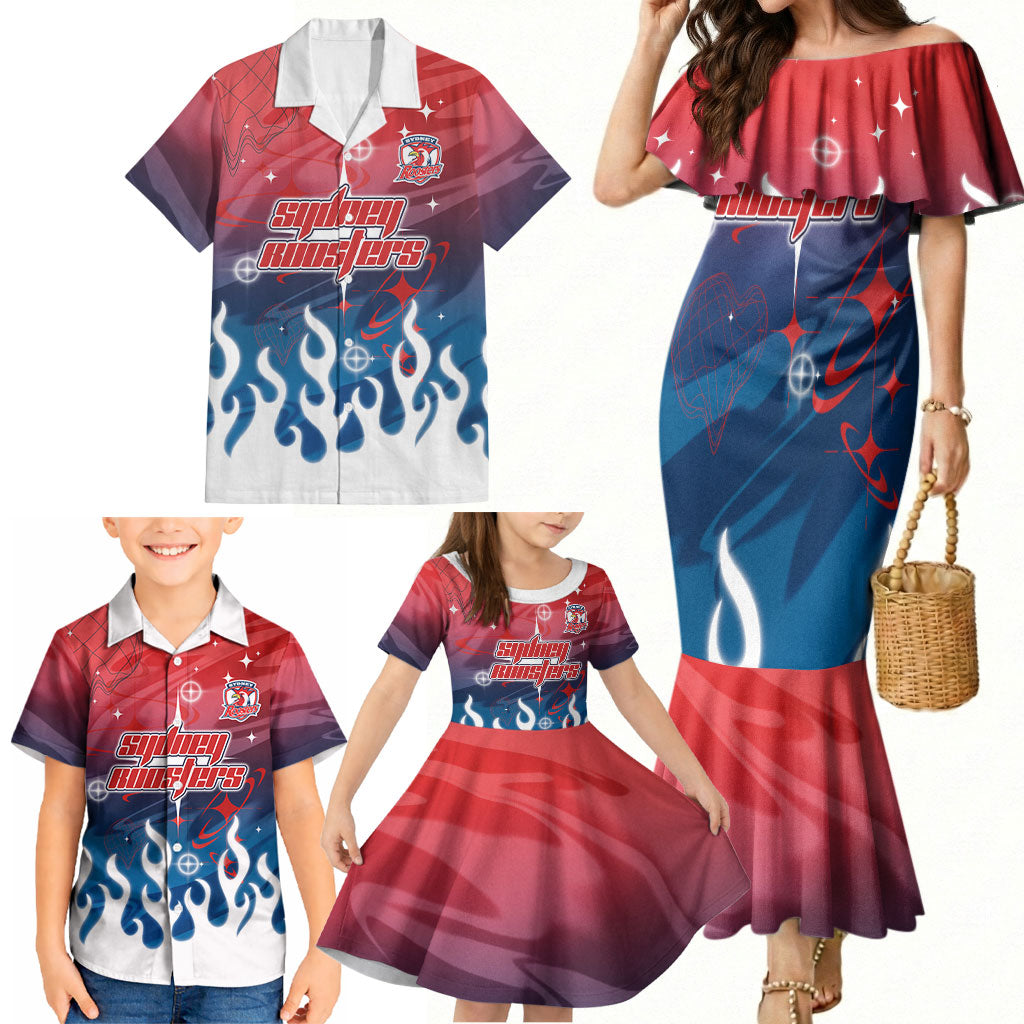 Personalized Sydney Roosters Family Matching Mermaid Dress and Hawaiian Shirt Y2K Grunge Aesthetic With Cyber Flames and Starburst Graphics
