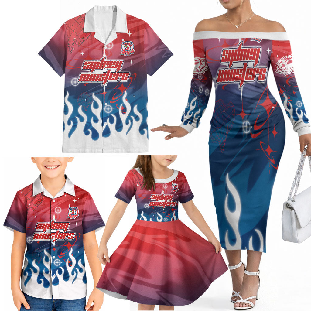 Personalized Sydney Roosters Family Matching Off The Shoulder Long Sleeve Dress and Hawaiian Shirt Y2K Grunge Aesthetic With Cyber Flames and Starburst Graphics