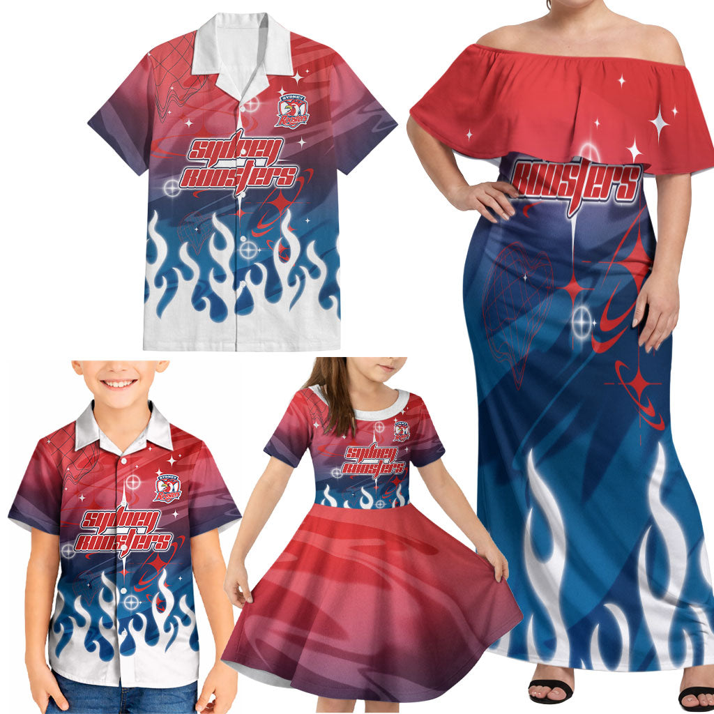 Personalized Sydney Roosters Family Matching Off Shoulder Maxi Dress and Hawaiian Shirt Y2K Grunge Aesthetic With Cyber Flames and Starburst Graphics