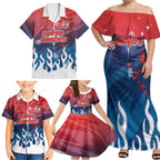 Personalized Sydney Roosters Family Matching Off Shoulder Maxi Dress and Hawaiian Shirt Y2K Grunge Aesthetic With Cyber Flames and Starburst Graphics