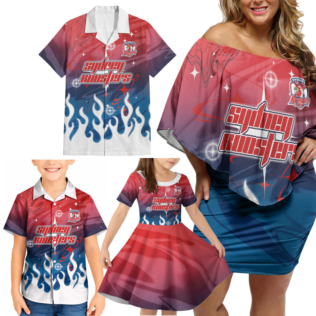 Personalized Sydney Roosters Family Matching Off Shoulder Short Dress and Hawaiian Shirt Y2K Grunge Aesthetic With Cyber Flames and Starburst Graphics