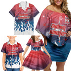Personalized Sydney Roosters Family Matching Off Shoulder Short Dress and Hawaiian Shirt Y2K Grunge Aesthetic With Cyber Flames and Starburst Graphics
