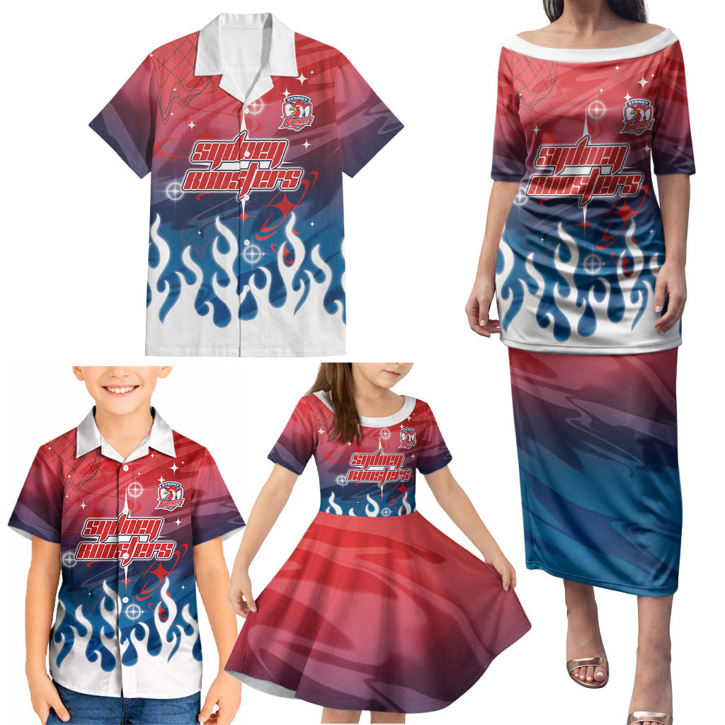 Personalized Sydney Roosters Family Matching Puletasi and Hawaiian Shirt Y2K Grunge Aesthetic With Cyber Flames and Starburst Graphics