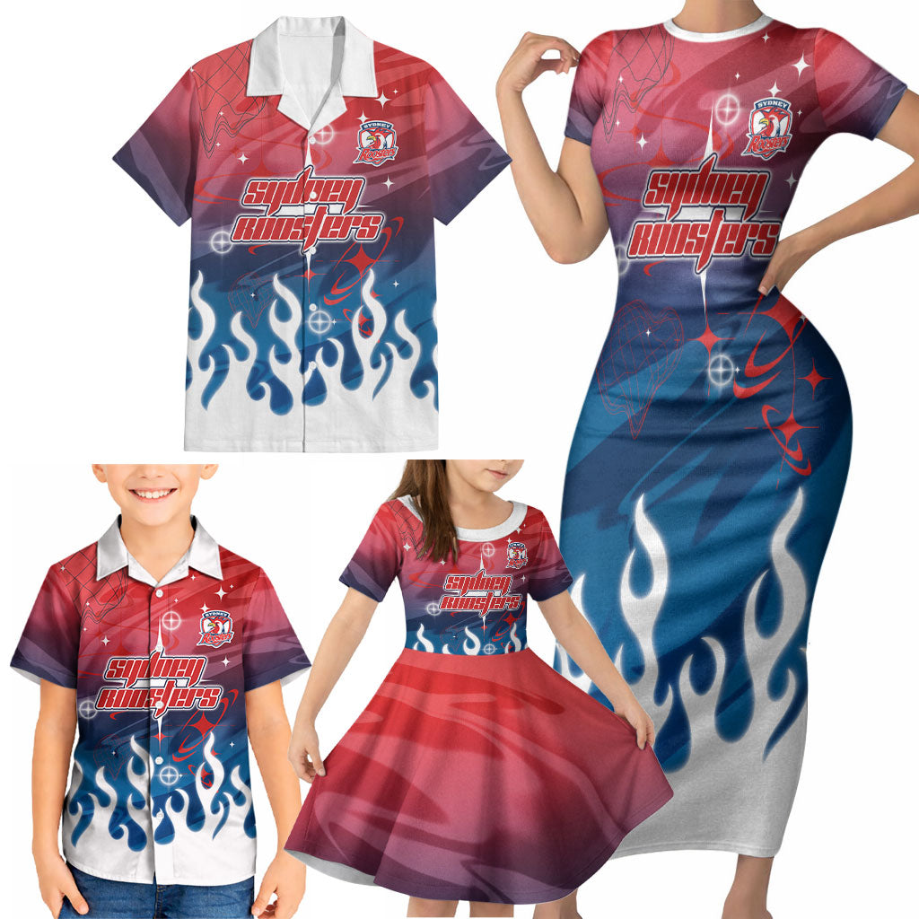 Personalized Sydney Roosters Family Matching Short Sleeve Bodycon Dress and Hawaiian Shirt Y2K Grunge Aesthetic With Cyber Flames and Starburst Graphics