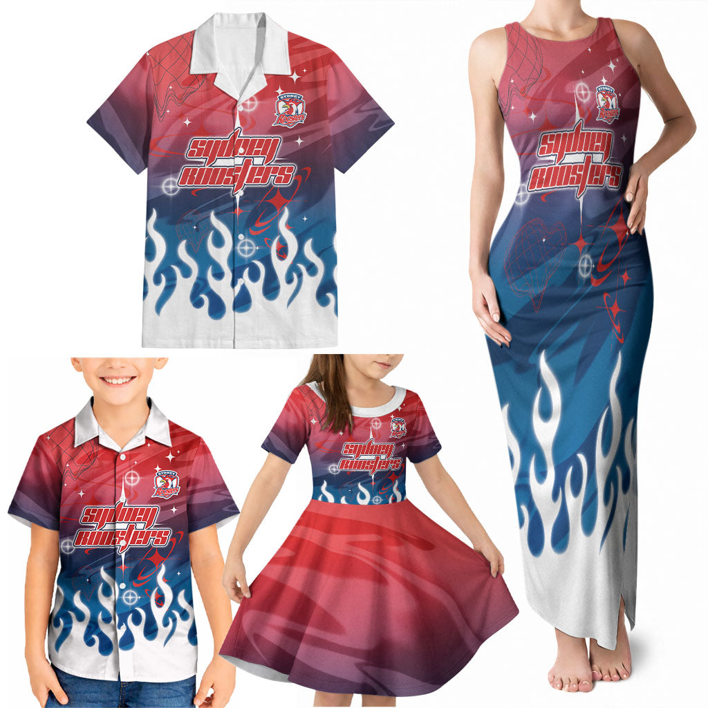 Personalized Sydney Roosters Family Matching Tank Maxi Dress and Hawaiian Shirt Y2K Grunge Aesthetic With Cyber Flames and Starburst Graphics