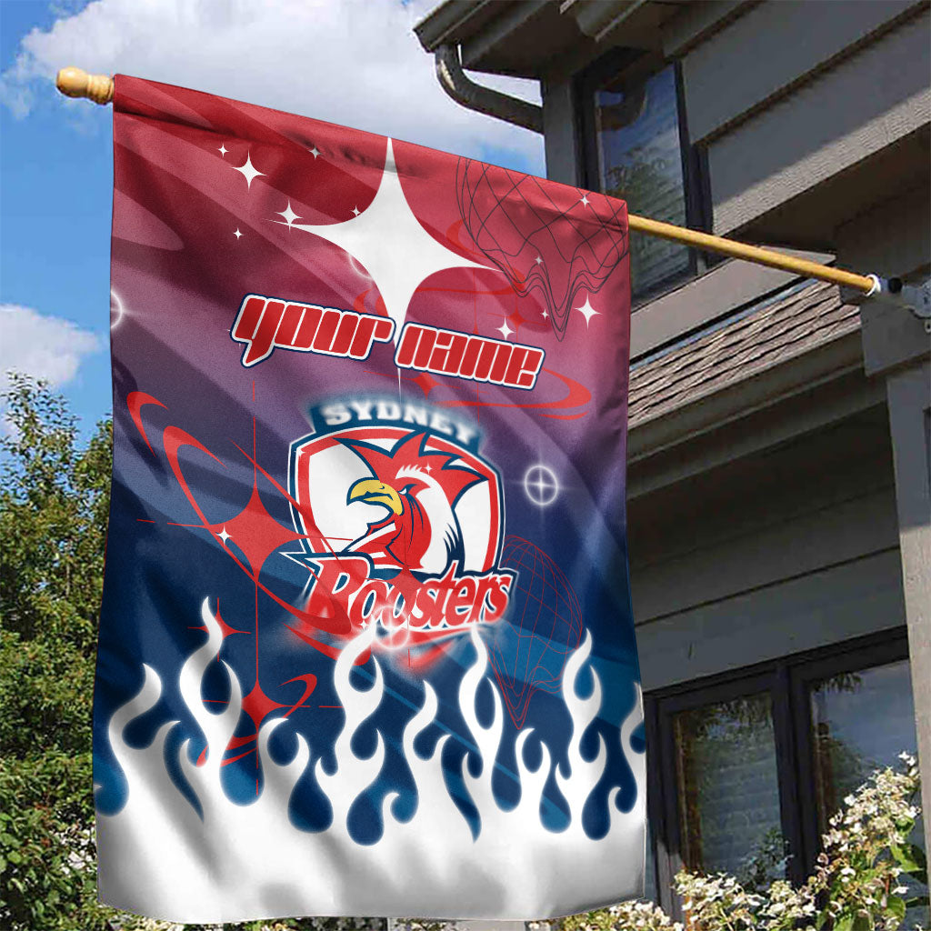 Personalized Sydney Roosters Garden Flag Y2K Grunge Aesthetic With Cyber Flames and Starburst Graphics