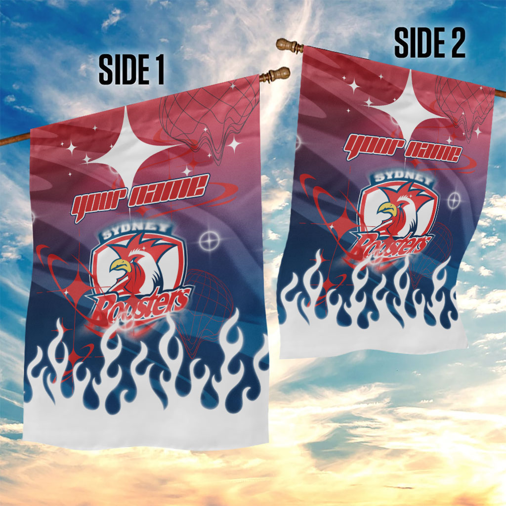 Personalized Sydney Roosters Garden Flag Y2K Grunge Aesthetic With Cyber Flames and Starburst Graphics