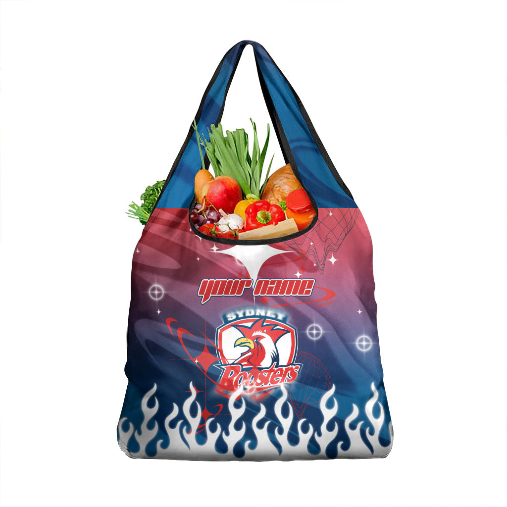 Personalized Sydney Roosters Grocery Bag Y2K Grunge Aesthetic With Cyber Flames and Starburst Graphics