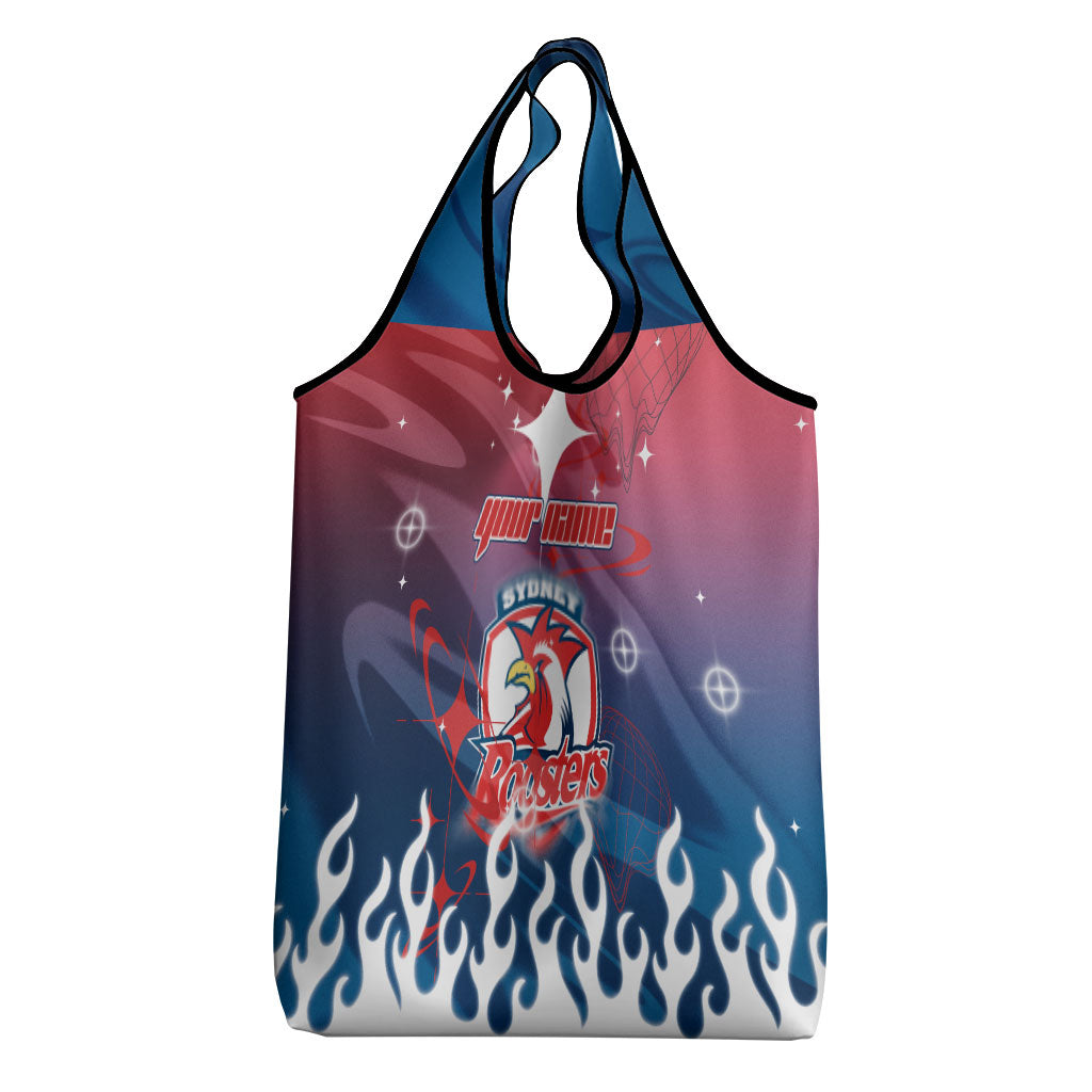 Personalized Sydney Roosters Grocery Bag Y2K Grunge Aesthetic With Cyber Flames and Starburst Graphics