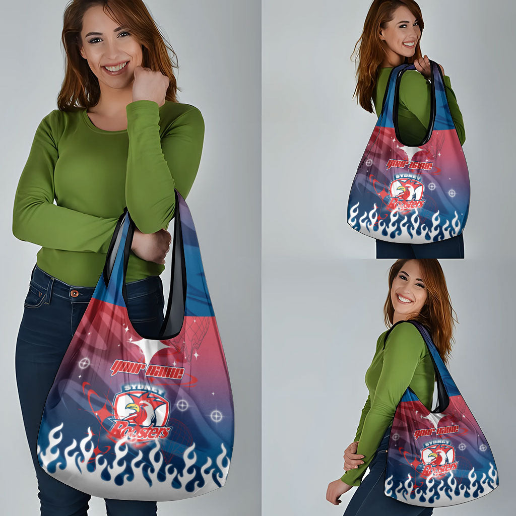 Personalized Sydney Roosters Grocery Bag Y2K Grunge Aesthetic With Cyber Flames and Starburst Graphics