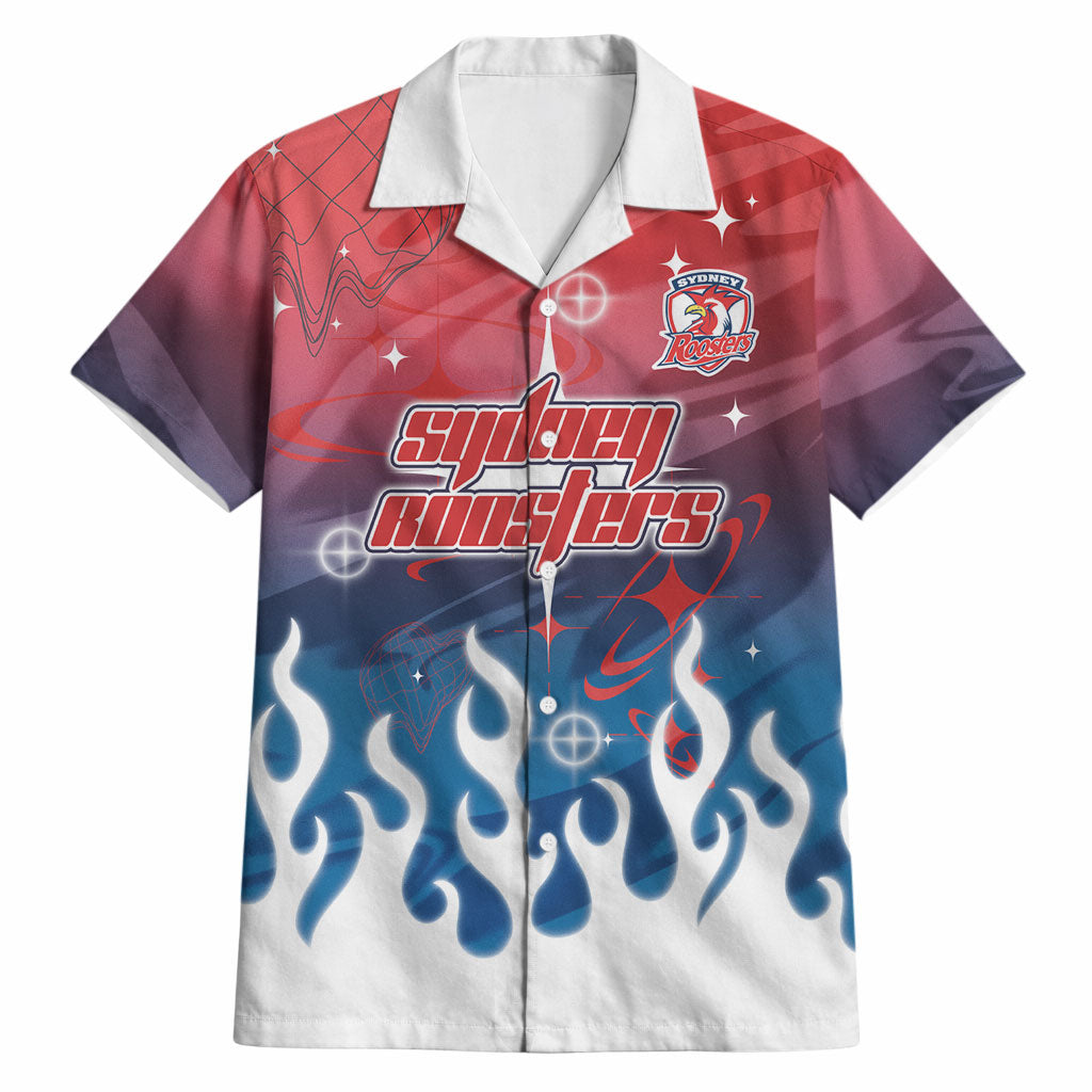 Personalized Sydney Roosters Hawaiian Shirt Y2K Grunge Aesthetic With Cyber Flames and Starburst Graphics