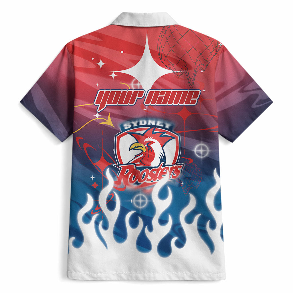 Personalized Sydney Roosters Hawaiian Shirt Y2K Grunge Aesthetic With Cyber Flames and Starburst Graphics