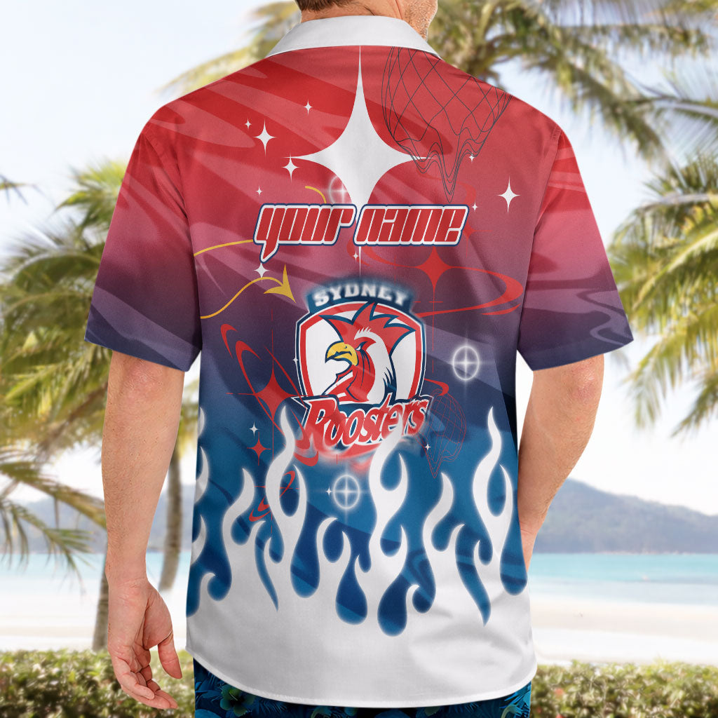 Personalized Sydney Roosters Hawaiian Shirt Y2K Grunge Aesthetic With Cyber Flames and Starburst Graphics