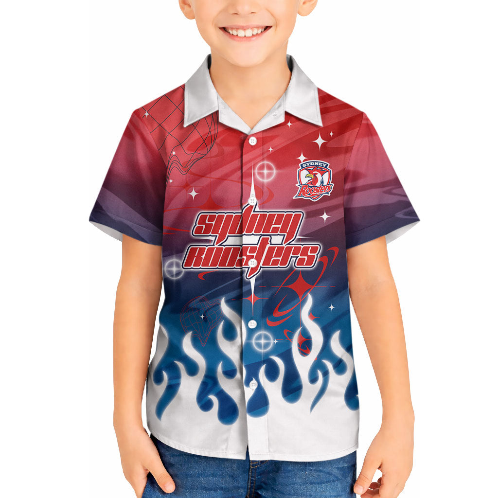 Personalized Sydney Roosters Hawaiian Shirt Y2K Grunge Aesthetic With Cyber Flames and Starburst Graphics