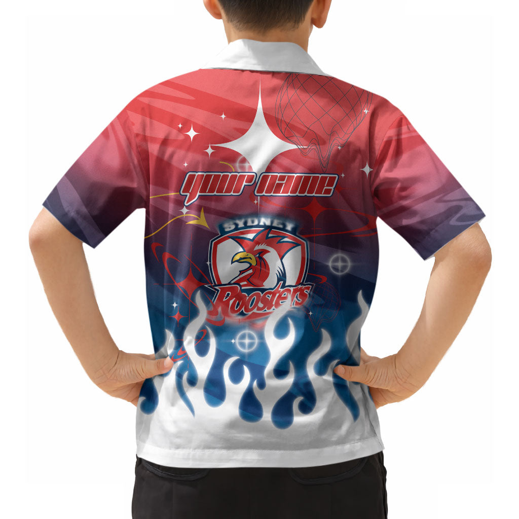 Personalized Sydney Roosters Hawaiian Shirt Y2K Grunge Aesthetic With Cyber Flames and Starburst Graphics