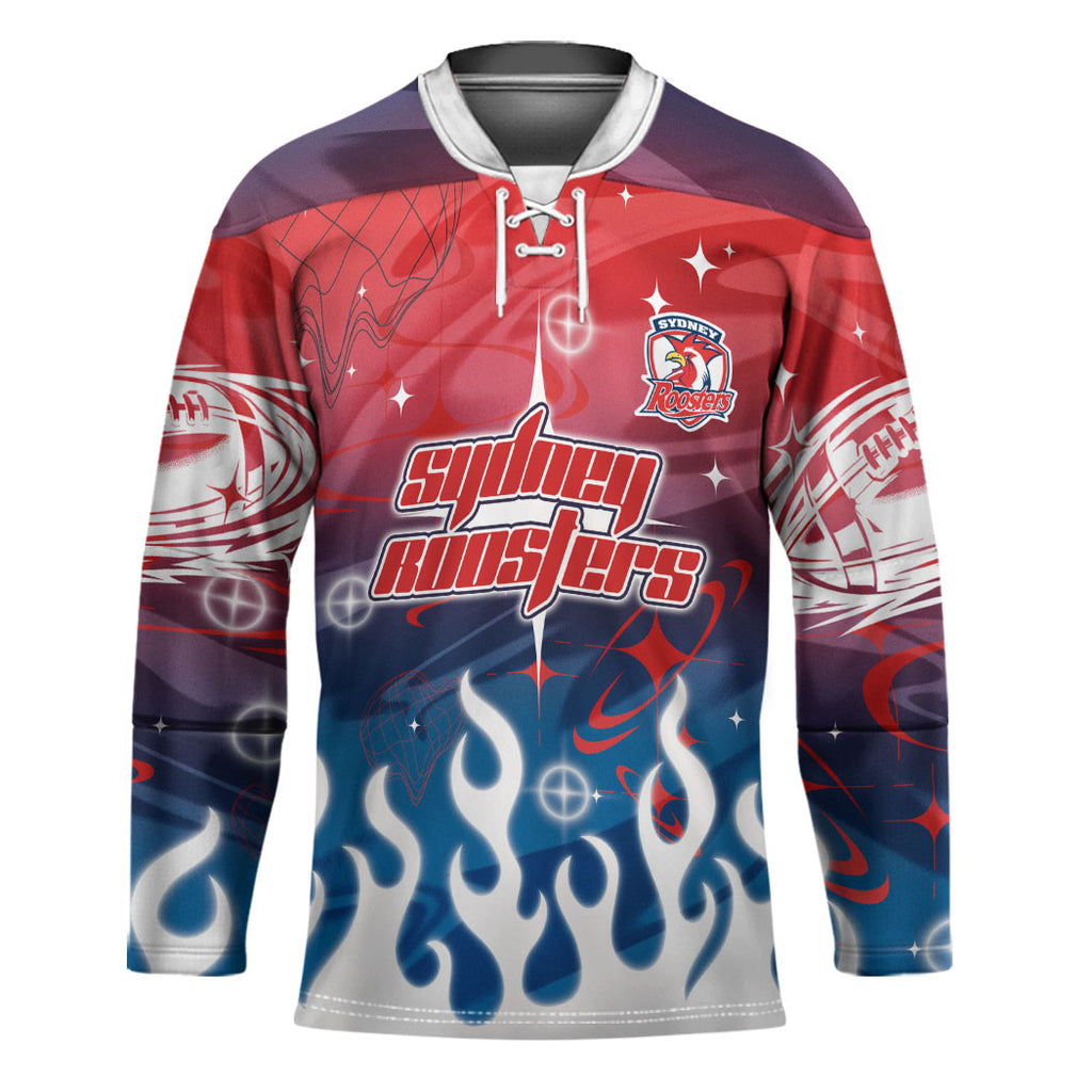 Personalized Sydney Roosters Hockey Jersey Y2K Grunge Aesthetic With Cyber Flames and Starburst Graphics