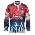 Personalized Sydney Roosters Hockey Jersey Y2K Grunge Aesthetic With Cyber Flames and Starburst Graphics