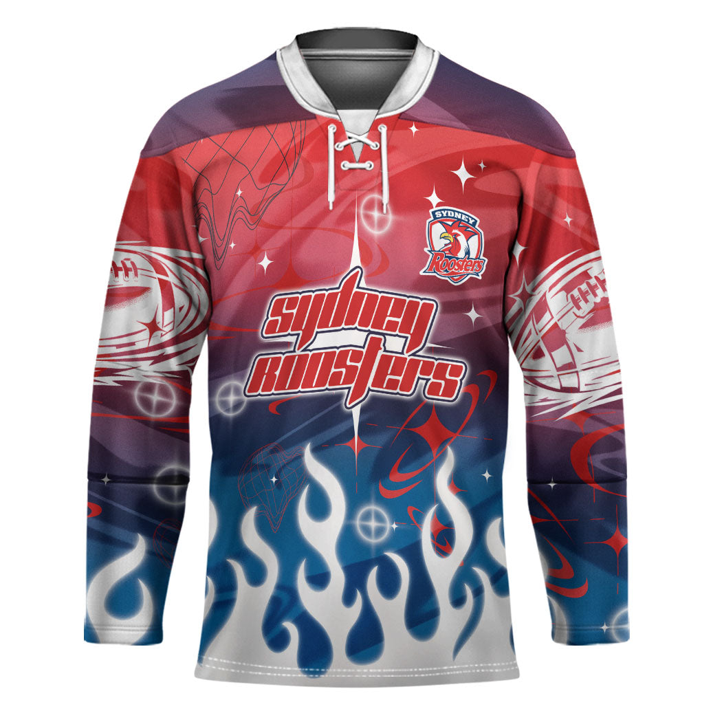 Personalized Sydney Roosters Hockey Jersey Y2K Grunge Aesthetic With Cyber Flames and Starburst Graphics